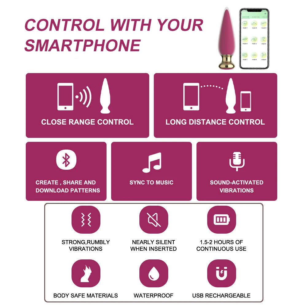 Plug Anal Vibrant Bluetooth - Télécommande via Application - Sextoy Unisexe Sans Fil pour Stimulation du Point G et Prostate - Compatible Homme/Femme