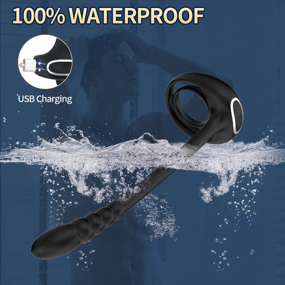 Vibrateur Prostatique Connecté - Sextoy Bluetooth pour Homme avec Anneau Pénien et Massage Testiculaire - Plug Anal et Cockring 3 en 1