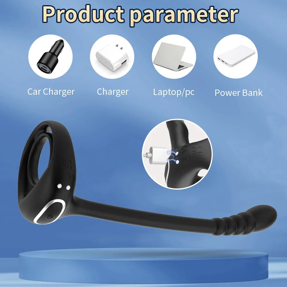 Vibrateur Prostatique Connecté - Sextoy Bluetooth pour Homme avec Anneau Pénien et Massage Testiculaire - Plug Anal et Cockring 3 en 1