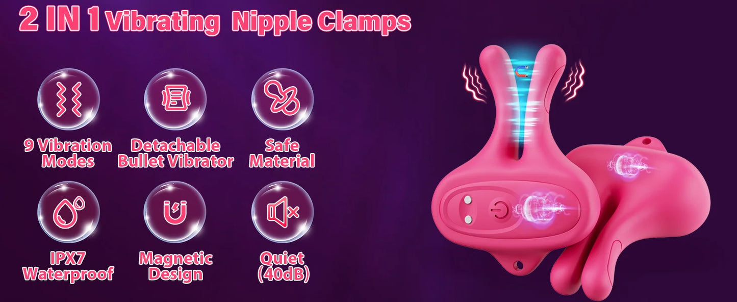 Pinces Vibrantes pour Seins - 9 Modes de Vibration - Stimulation Magnétique des Tétons - Accessoire Érotique BDSM pour Femmes et Couples