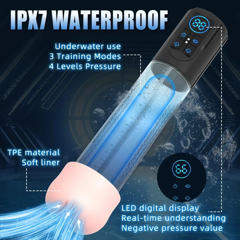 Pompe à Pénis Électrique Étanche IPX7 – Agrandisseur Masculin Automatique et Stimulation Érectile